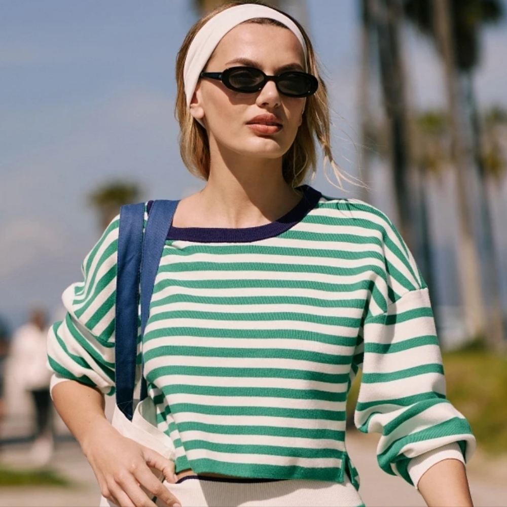 Daily Practice Anthropologie Striped Boxy Crop Sweater Green White Size Large